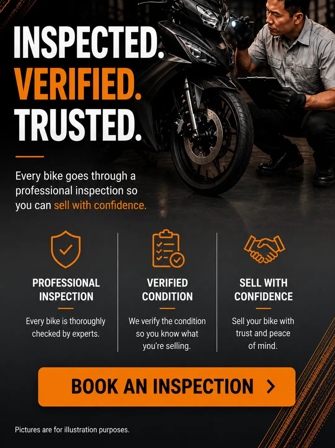 Inspected, verified, trusted — every bike goes through a professional inspection so you can sell with confidence