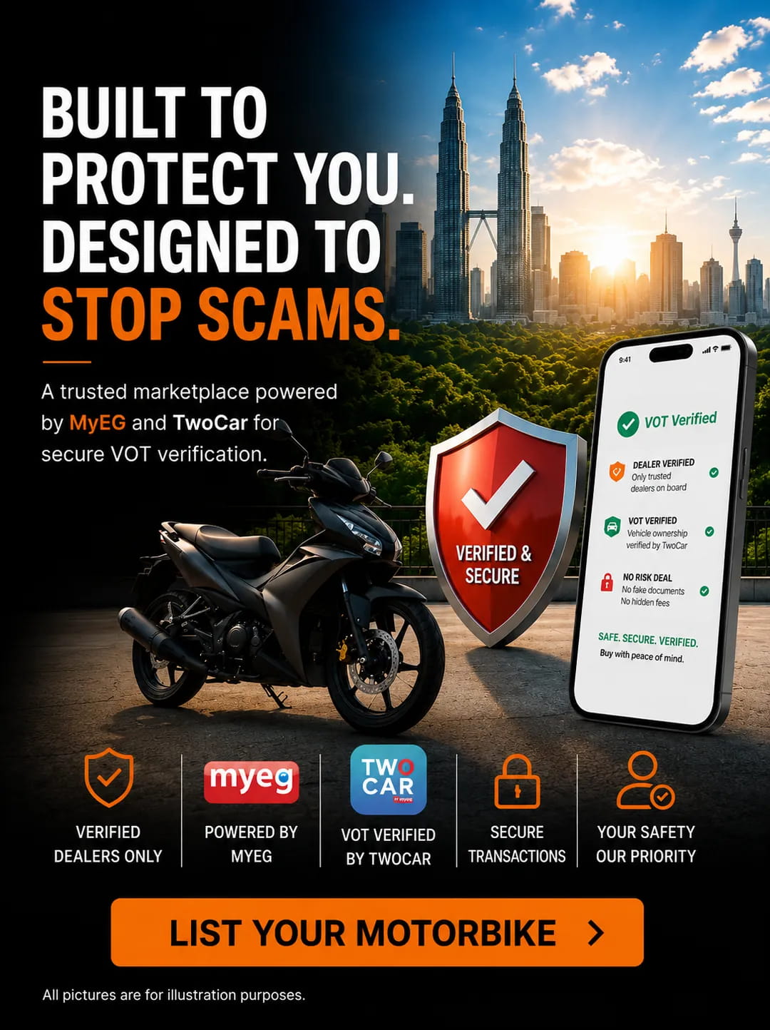 Built to protect you, designed to stop scams — a trusted marketplace powered by MyEG and TwoCar for secure VOT verification